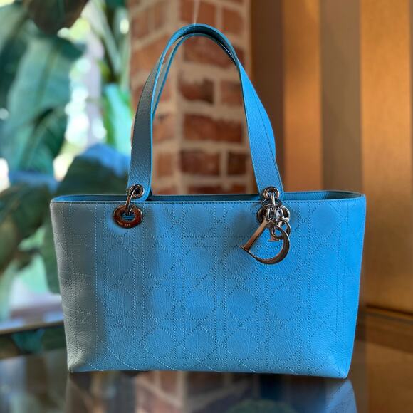 CHRISTIAN DIOR Medium Light Blue Cannage Vintage Tote - Picture 1 of 12